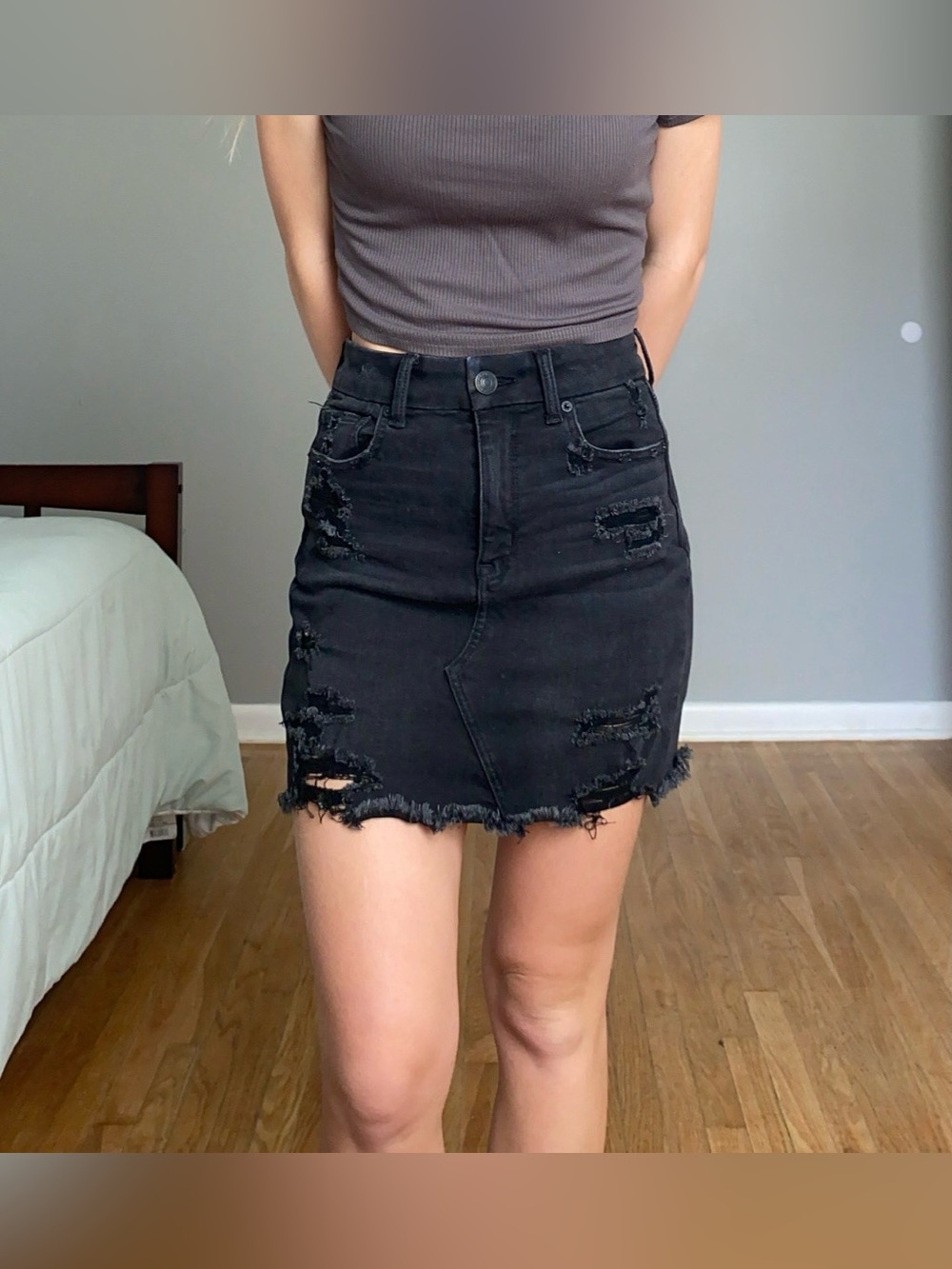 American Eagle Outfitters Black Distressed Denim Mini Skirt